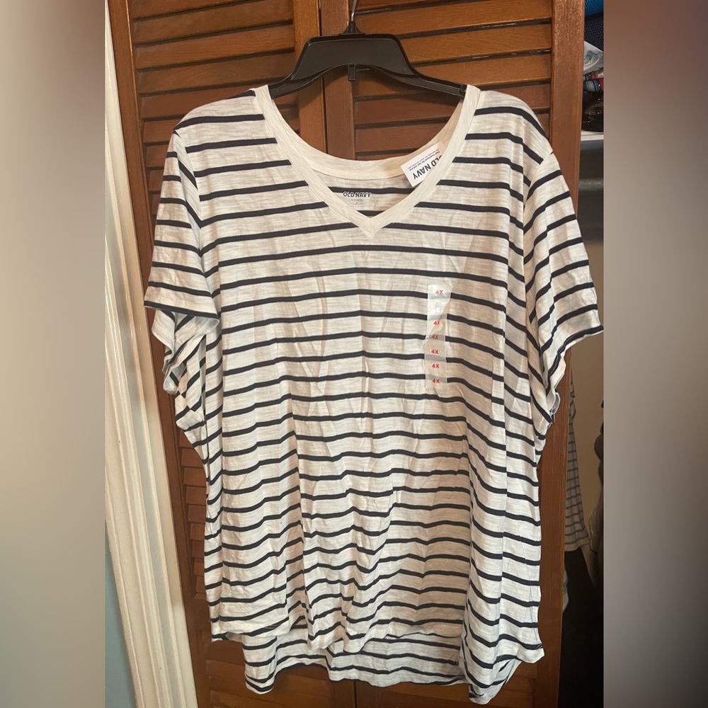 Old Navy Navy and White Striped V-Neck Top